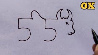 Ox Drawing From Number 55 | Easy Ox Drawing for beginners | Number Drawing