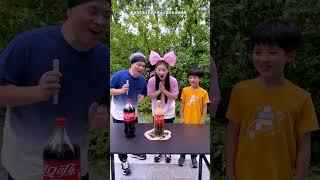 Coke fountain challenge, who can spray the highest? #Funnyfamily #Partygames #Familygames