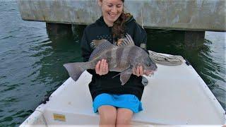 WOMAN ON BOARD - King Tide Sheepshead and Black Drum Fishing