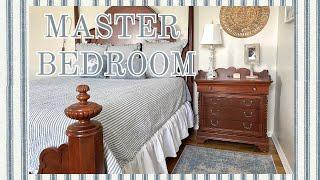 MASTER BEDROOM DECORATE WITH ME SUMMER COTTAGE FARMHOUSE BLUE TICKING
