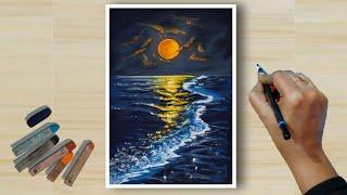 ️ How To Draw Realistic FULL MOON Scenery (step by step) With Soft Pastel Colour