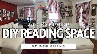 Cozy DIY Room Makeover: Creating My Dream Reading Space | Living Room Reveal Desk and Bookshelves