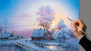  Acrylic Landscape Painting - Winter Sunset / Easy Art / Drawing Lessons / Satisfying Relaxing.