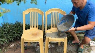 Good idea! Make Outdoor Sofa And Coffee Table From Cement And Plastic Chairs