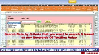 Display Search results in ListBox with more than 10 Column ( 17 Column ) in excel VBA ||