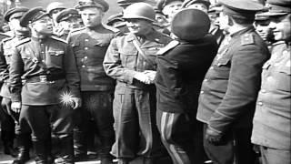 US Maj Gen Emil F Reinhardt shakes hands with Russian officer Maj Gen Rusakov in ...HD Stock Footage