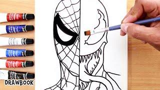 How to Draw and Paint SPIDERMAN vs. VENOM (face to face) using Acrylic Paint on Canvas