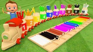 Wooden Toy Train Color Pencils Learn Numbers and Baby Fun Play | Kids Learning Educational Videos