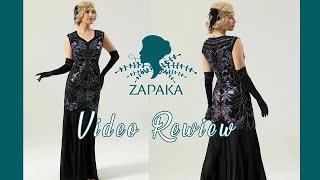  Zapaka Women Gatsby Dress Black Long V-neck Sequins 1920s Party Dress