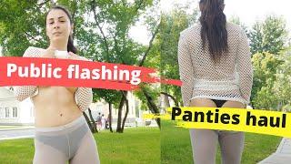 Flashing in public at transparent tights haul! Transparent lingerie haul and panties haul