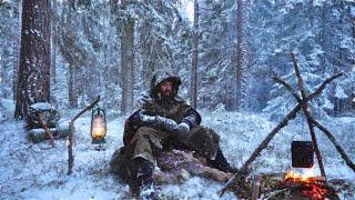 Winter Bushcraft Trip in Snow - Survival Candle - Canvas Poncho Shelter