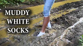 SweetLana in Knee High White Socks in Mud, White Socks in Mud, Wet Socks, Girl under Rain (# 1102)