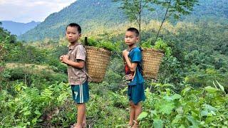 Two little farmers harvest wild vegetables to sell. everyday life