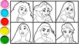 How to draw Princesses Disney - Merida, Jasmine, Rapunzel, Pocahontas, Moana and Elsa for Beginners