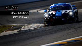 Porsche in Slow Motion at Daytona 2024. Czabok-Simpson Motorsport Porsche GT4 at Daytona.