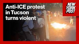 Anti-ICE protesters use homemade shields, sling paints at agents during Tucson protest