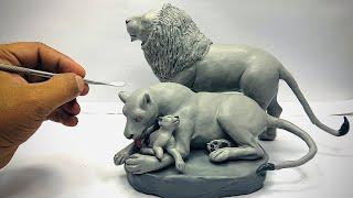 clay sculpting: lion family sculpt with clay step by step easy, clay modelling, clay animal art,