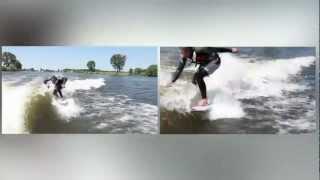 WakeSurfing behind a boat on the river Maas, the Netherlands. De Uitvliet