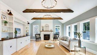 HOME TOUR MODERN FARMHOUSE | White Backsplash Kitchen | Coffered Ceiling | Blue Living Room Walls!