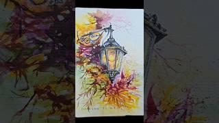 #drawing autumn#가을#秋#あき# #watercolor#draw#街路樹の電灯 #tree#나무#roadside#a street lamp#가로수전등#ワタカラ#수채화