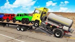 Flatbed Trailer Cars Transportation with Truck - Speedbumps vs Cars vs Train - BeamNG.Drive