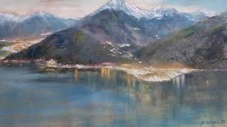 Pastel painting of Monte Legnone at Lake Como in Italy