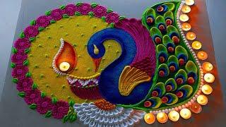 #1777 Diwali Peacock rangoli designs | navratri rangoli design | satisfying video