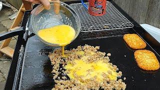 Easy Breakfast Sausage Eggs and Hash Browns on Flat Top Grill (Quick griddle breakfast)