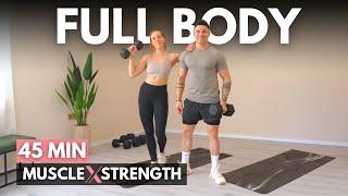 45 min FULL BODY DUMBBELL WORKOUT - Strength & Muscle Building Home Workout + ABS