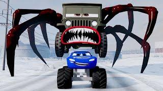 Epic escape from Lightning McQueen Eater, Mater Spider Eater, Sarge Eater | BeamNG.Drive