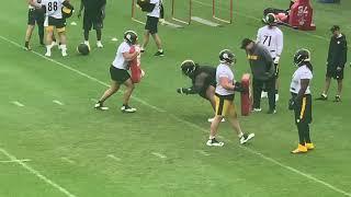 Steelers offensive linemen work with Adrian Klemm, drills during OTAs