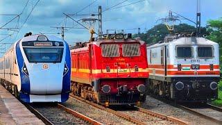 Dangerous 130kmph WAP7 Kashi Tamil SF+ Amrit Bharat+Mumbai Rajdhani+KYQ AC attacks Senjii - IR