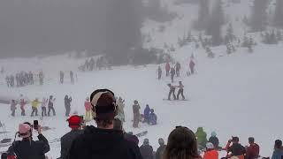 22 may 2023, Whistler gaper day. tandem snowboarders pond skim