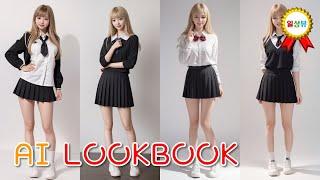 AI Lookbook #89 - Photoshoot Studio Black Short School Uniform Fashion Female Model Illustration