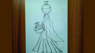 How to draw a rajasthani women easy /girl with pitcher. balika aka.