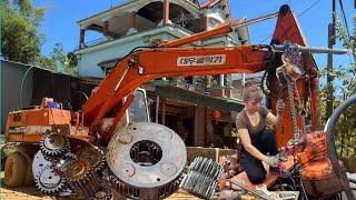 Rescue mechanic girl replaces seriously damaged excavator gears