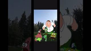 Peter Griffin, chases SpongeBob, Patrick Squidward around the forest