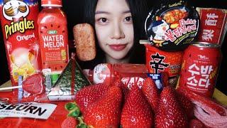 ASMR CONVENIENCE STORE RED FOODSTRAWBERRY FIRE NOODLES CHOCOLATE편의점 불닭볶음탕면 신라면 초콜릿 디저트 먹방 MUKBANG