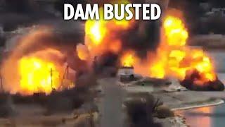 Shocking moment Ukrainian dam is BLOWN UP ‘by Russian shelling’ flooding frontline villages as Putin