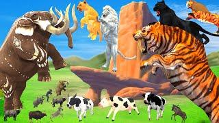 10 Mammoth Elephant Cow vs 5 Giant Tiger Wolf Lion Fight Zombie Bull Buffalo Saved by Woolly Mammoth