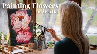 How To Paint Flowers In Acrylic || Peony Painting Timelapse Tutorial