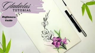 How to draw Gladiolus flowers | August month flower. Flower drawing tutorial. Line and wash painting