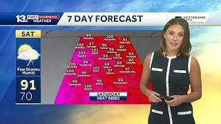 Central Alabama's 7-day forecast includes summer storms. The heat index will climb near triple di...