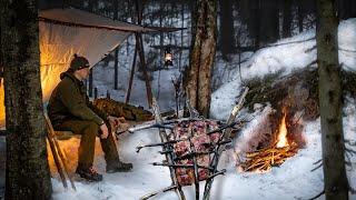 Spring Camping in Snow - Bed from Sacks & Poles - Meat on a Wooden Grill