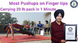 Most Pushups on Finger tips ( Carrying 20 lb pack ) in one minute 86 - Pushups World Record 