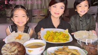 NEPALI MUKBANG #VEG MOMO ,ANI FRY FISH ,PORK ,CURRY AND BROCCOLI  ALU PEPPER ,BANDA ,GOBI KO SABJI