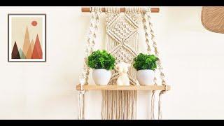 Macrame Wall Hanging Plant Decor Shelf Boho Floating Shelf Handmade Wood Indoor Bathroom Boho Room