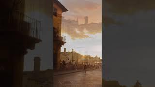 Walking along the Arno River and Ponte Vecchio during a sunset in Florence Italy