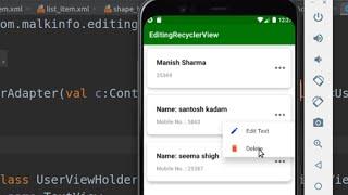 kotlin android how to add in recyclerview popup menu/how to delete and update item in recyclerview