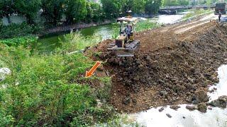 Incredible Pushing Soil Building Road By Old Komatsu Dozer in Flooded Area